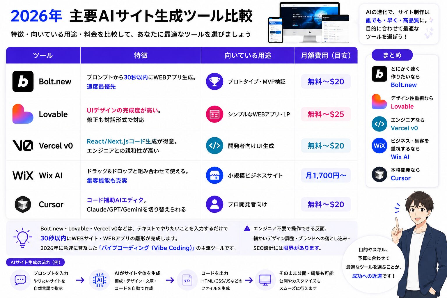 2026年主要AIサイト生成ツール比較表