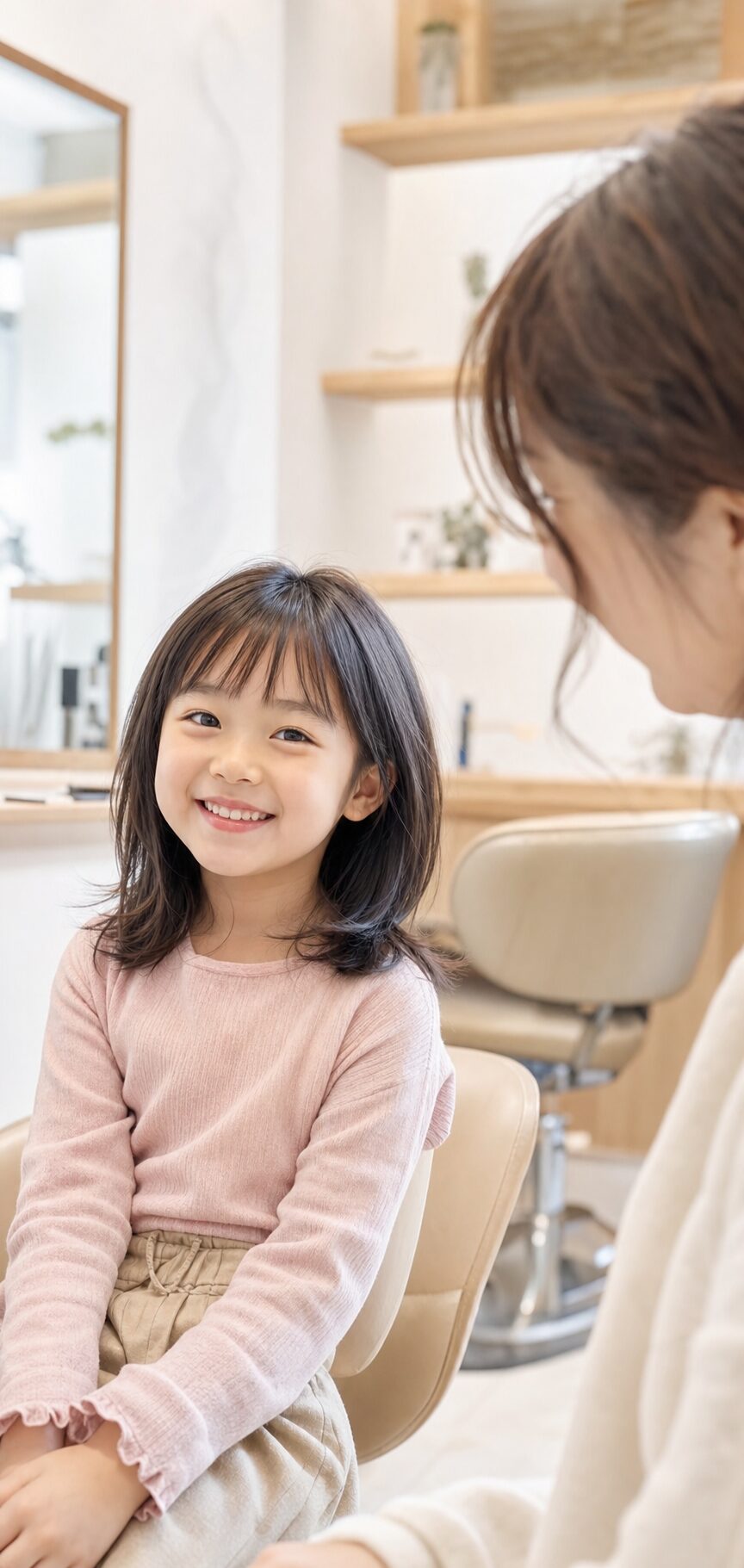 美容室で笑顔を見せる日本人の子ども