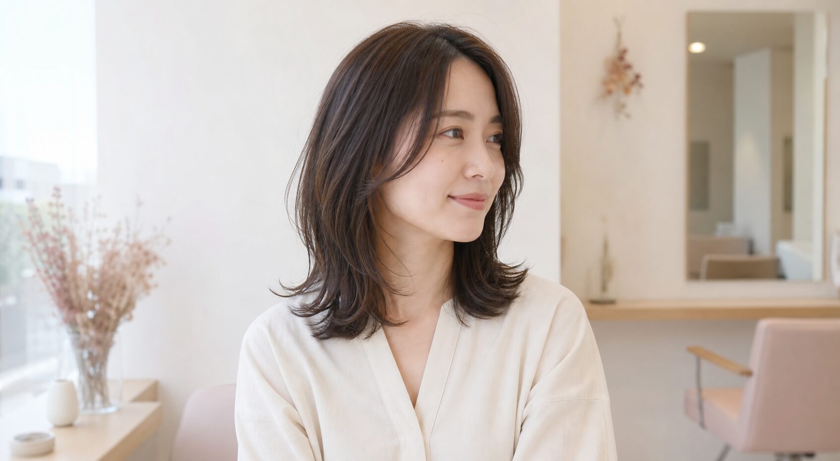 自然なミディアムヘアの日本人女性