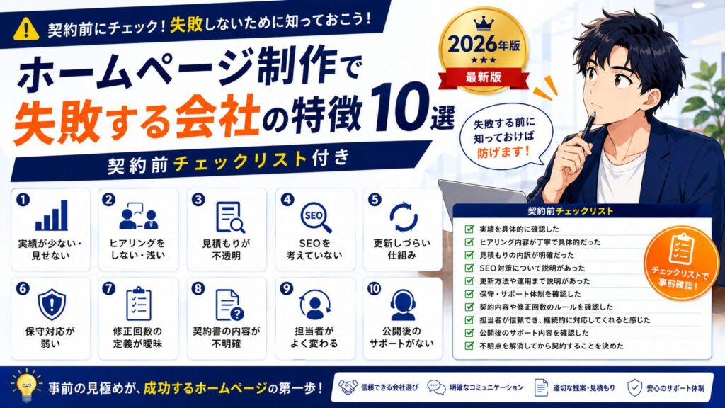 ホームページ制作で失敗する会社の特徴10選【契約前チェックリスト付き｜2026年版】
