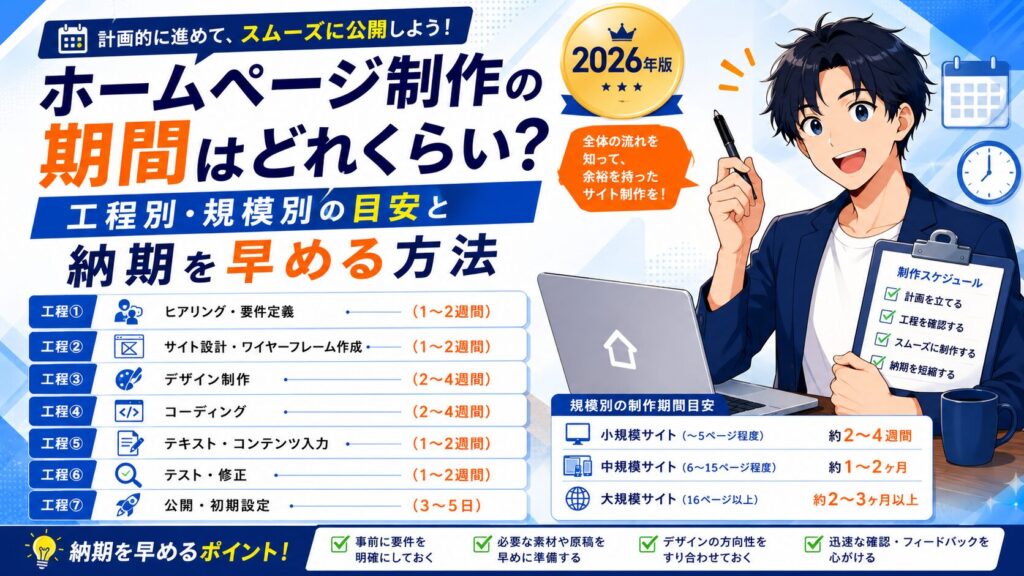 ホームページ制作の期間はどれくらい？工程別・規模別の目安と納期を早める方法【2026年版】
