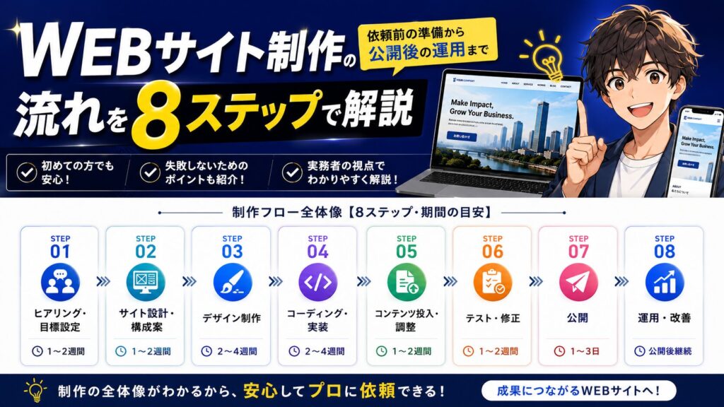 WEBサイト制作の流れを8ステップで解説【依頼前の準備から公開後の運用まで】